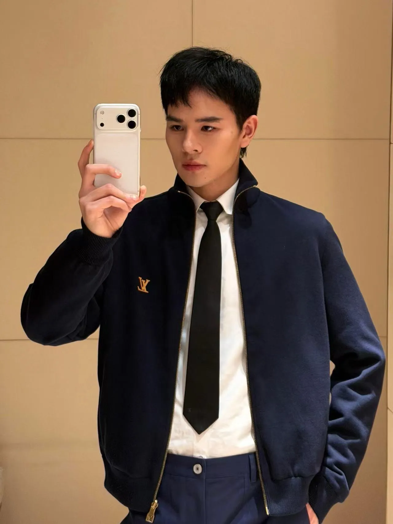Louis Vuitton/Louis Vuitton leather label printed double-sided stand-up collar jacket